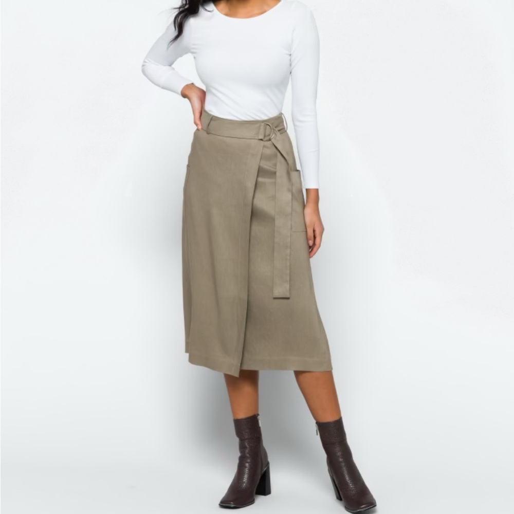 Modern Citizen Devon Belted Linen Faux Wrap Olive Skirt size medium